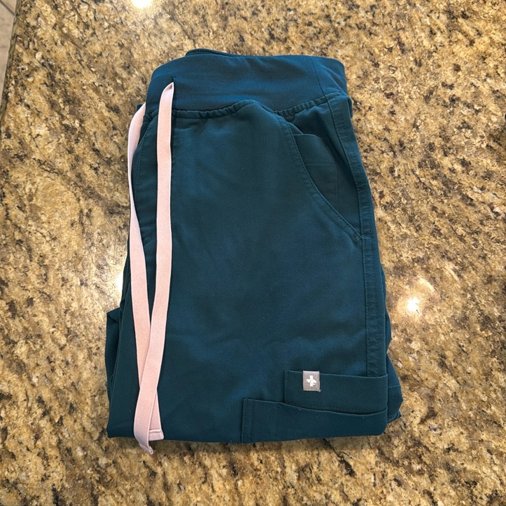 Figs Teal Scrub Joggers with Light Pink Drawstrings